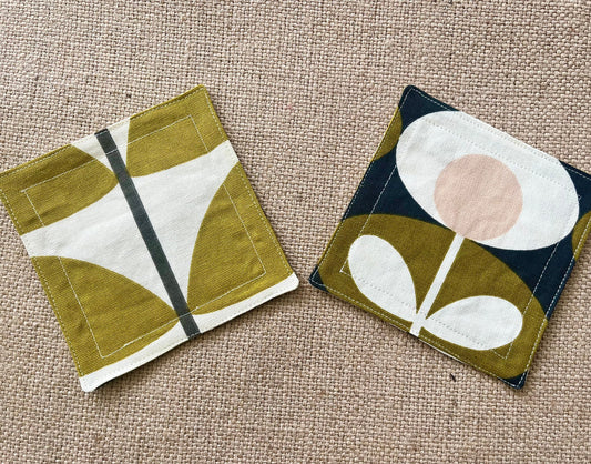 Orla Kiely Olive Oval and Olive Stem Print Fabric Coasters Double Sided Set of 2. Mid Century Modern Retro Print