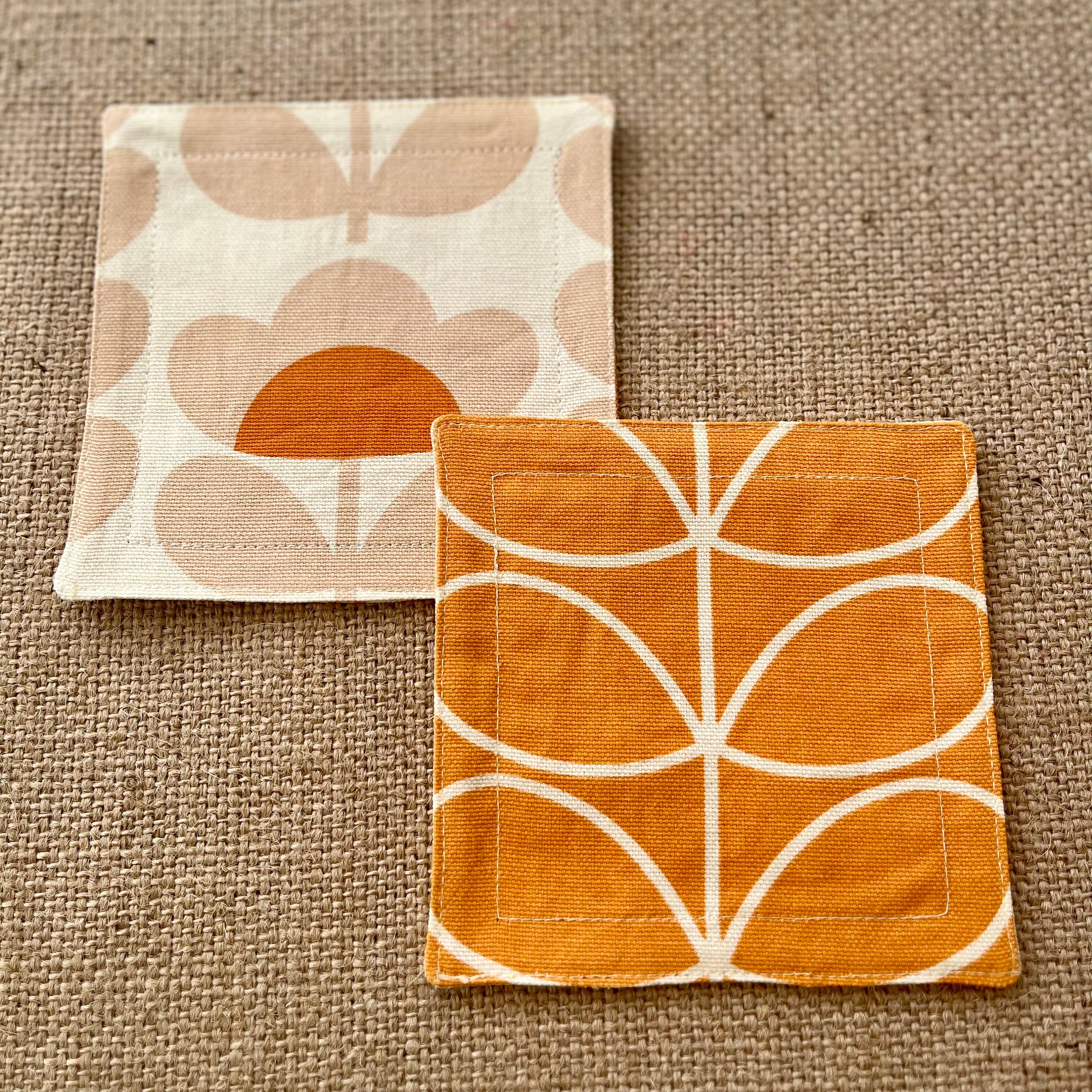 Retro Orange Orla Kiely Fabric Coasters x 2 - Papaya Stem & Sweet Pea, Set of Double-Sided Cotton Drinks Mat Mid Century Scandi Print
