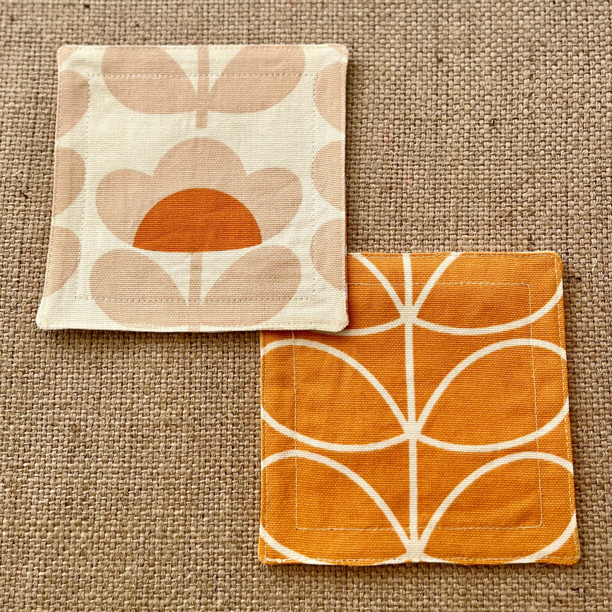 Retro Orange Orla Kiely Fabric Coasters x 2 - Papaya Stem & Sweet Pea, Set of Double-Sided Cotton Drinks Mat Mid Century Scandi Print