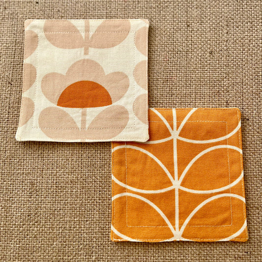 Retro Orange Orla Kiely Fabric Coasters x 2 - Papaya Stem & Sweet Pea, Set of Double-Sided Cotton Drinks Mat Mid Century Scandi Print