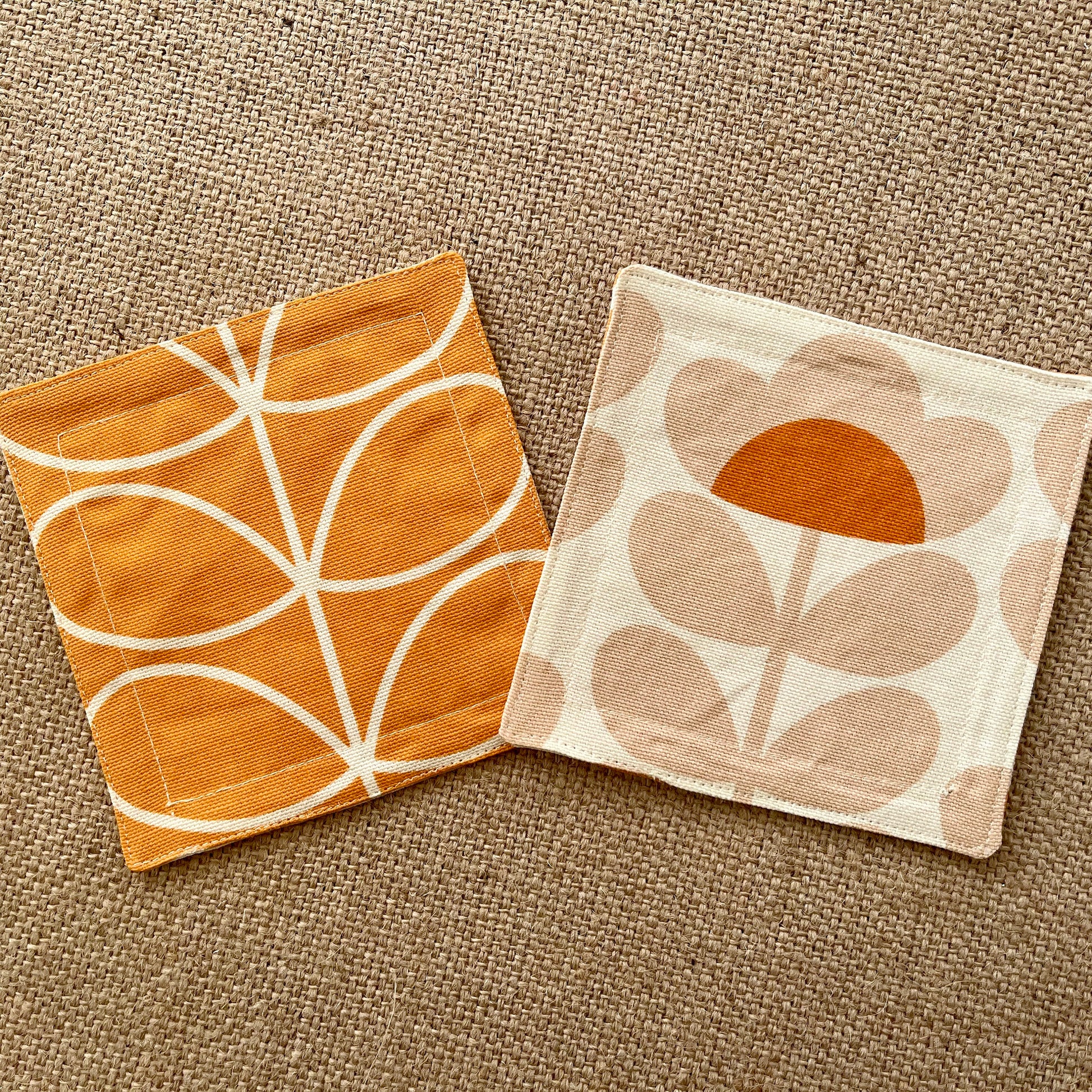 Retro Orange Orla Kiely Fabric Coasters x 2 - Papaya Stem & Sweet Pea, Set of Double-Sided Cotton Drinks Mat Mid Century Scandi Print