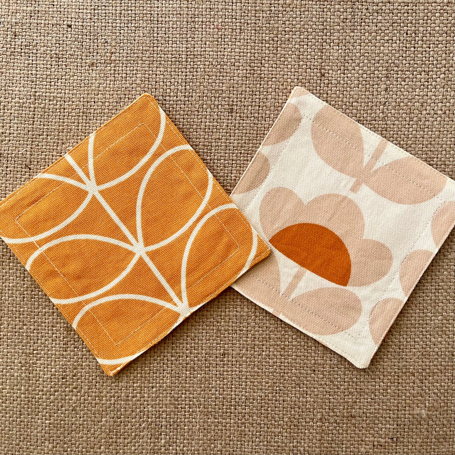 Orla Kiely Papaya Stem and Sweet Pea Print Fabric Coasters Double Sided Set of 2. Mid Century Modern Retro Print
