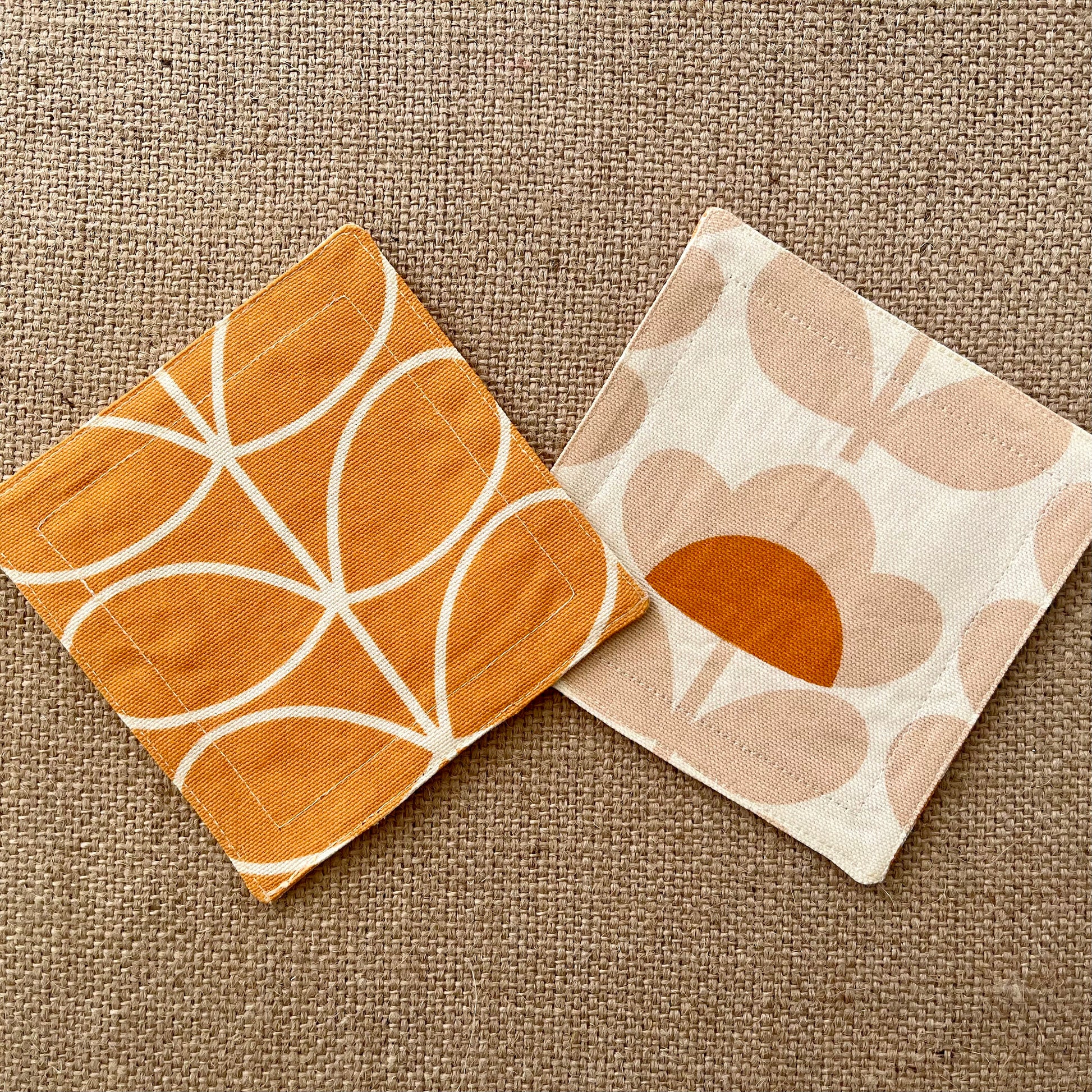 Orla Kiely Papaya Stem and Sweet Pea Print Fabric Coasters Double Sided Set of 2. Mid Century Modern Retro Print