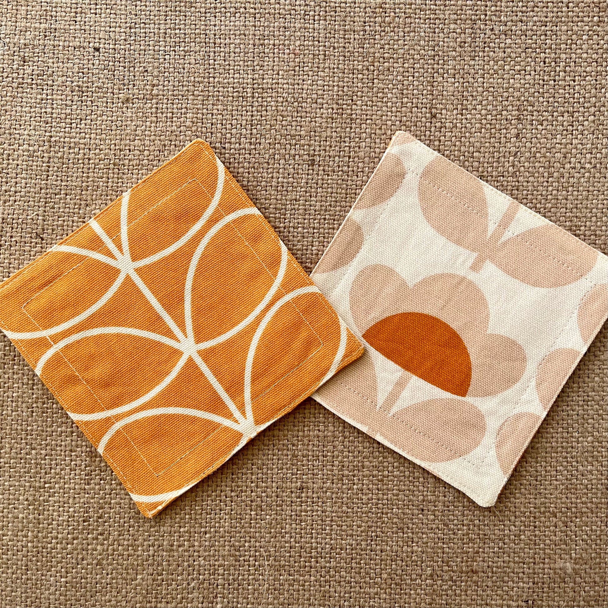 Retro Orange Orla Kiely Fabric Coasters x 2 - Papaya Stem & Sweet Pea, Set of Double-Sided Cotton Drinks Mat Mid Century Scandi Print