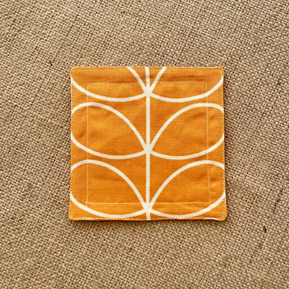 Retro Flower Orange Orla Kiely Fabric Coasters x 2 - Papaya Grey & Orange, Set of Double-Sided Cotton Drinks Mat Scandi Print