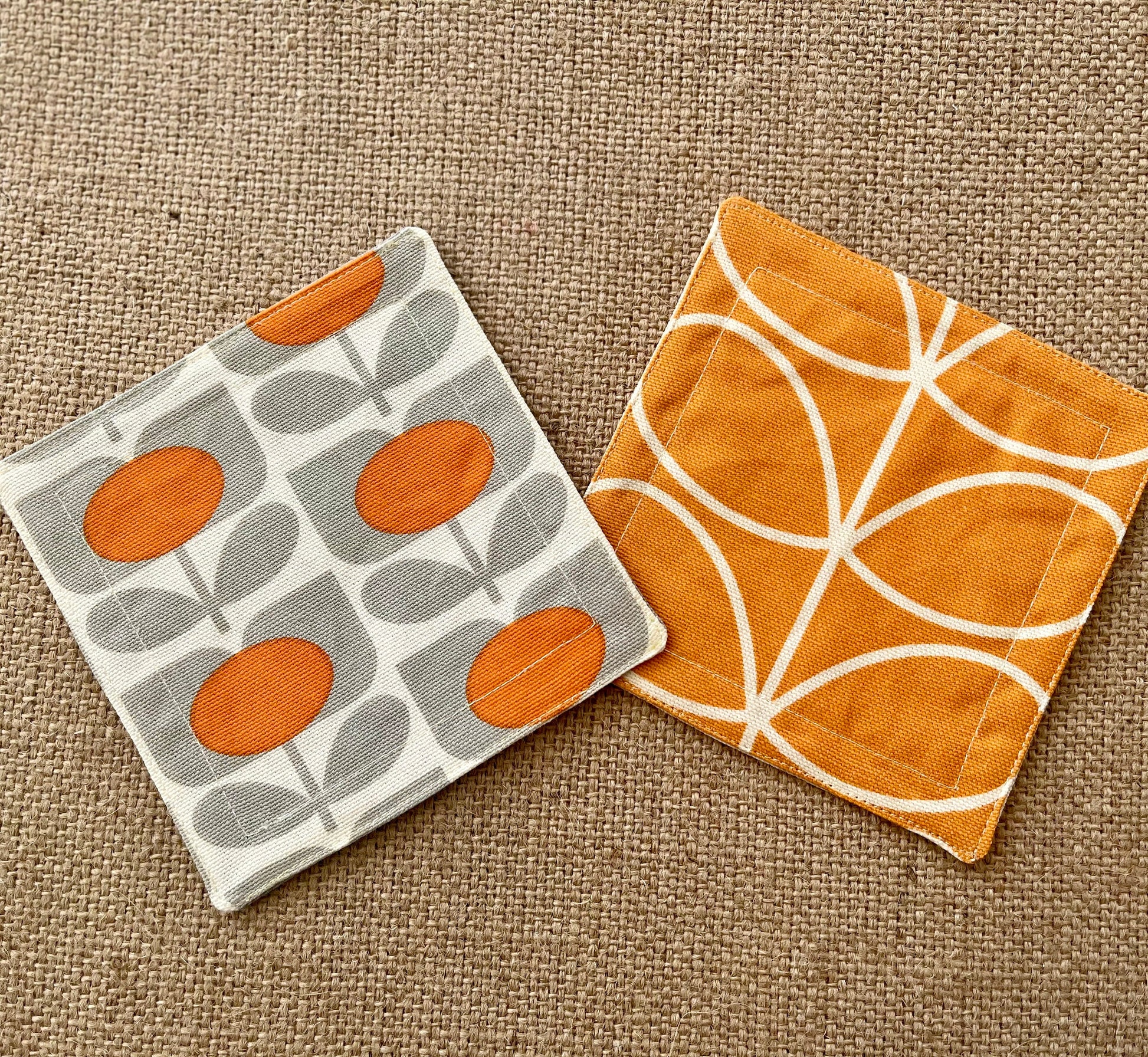 Retro Flower Orange Orla Kiely Fabric Coasters x 2 - Papaya Grey & Orange, Set of Double-Sided Cotton Drinks Mat Scandi Print
