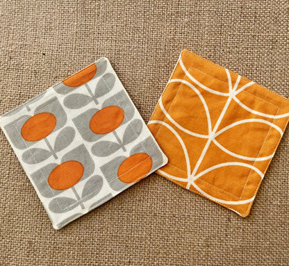 Retro Flower Orange Orla Kiely Fabric Coasters x 2 - Papaya Grey & Orange, Set of Double-Sided Cotton Drinks Mat Scandi Print