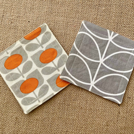 Orla Kiely Silver Stem and Grey and Orange Flower Print Fabric Coasters Double Sided Set of 2. Mid Century Modern Retro Print