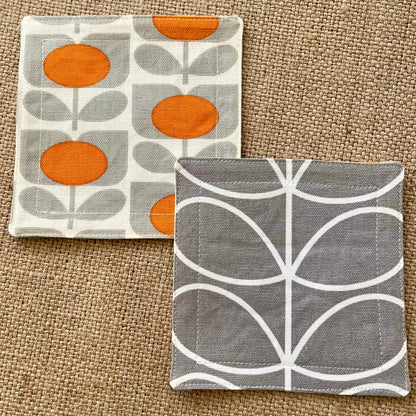 Retro Grey & Orange Orla Kiely Coasters x 2 - Silver Stem, Set of Double-Sided Cotton Drinks Mat Scandi Print