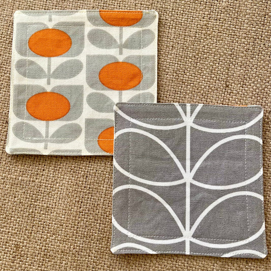 Retro Grey & Orange Orla Kiely Coasters x 2 - Silver Stem, Set of Double-Sided Cotton Drinks Mat Scandi Print