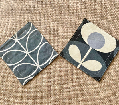 Orla Kiely Grey Oval and Grey Stem Print Fabric Coasters Double Sided Set of 2. Mid Century Modern Retro Print