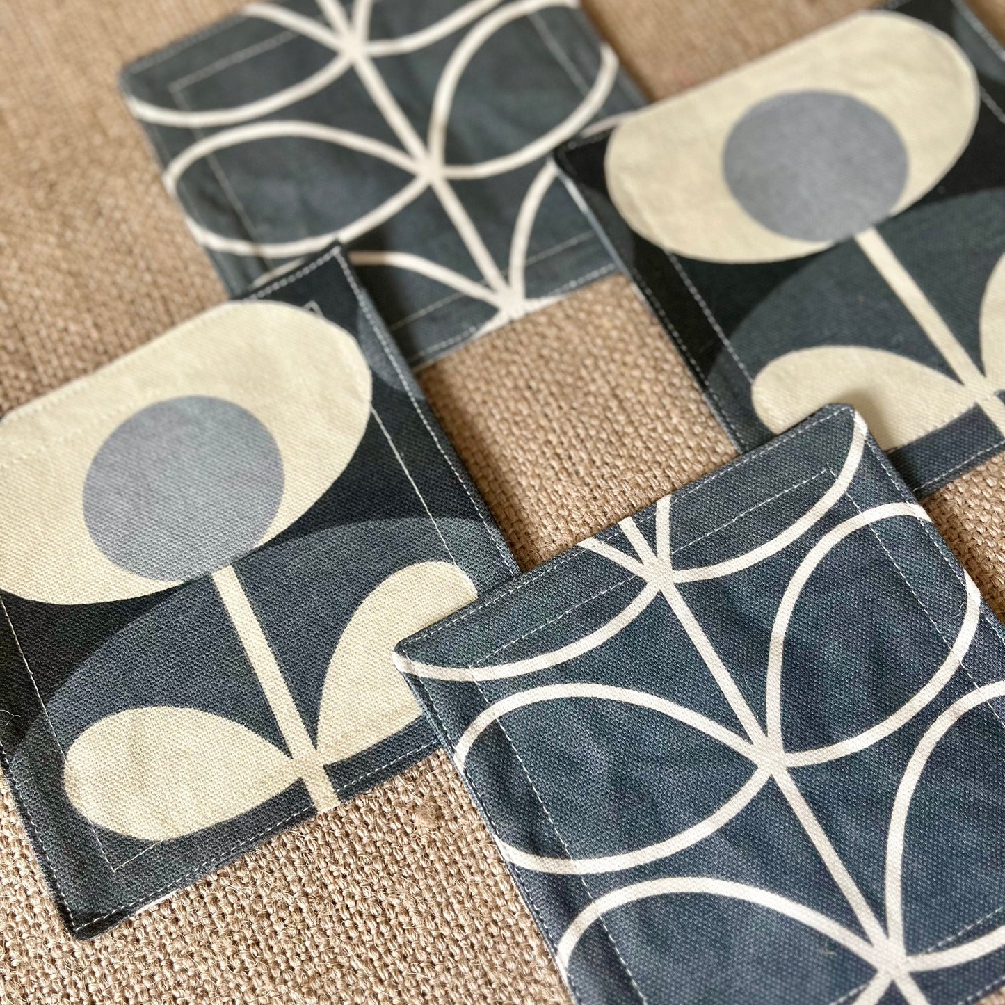 Orla Kiely Grey Oval and Grey Stem Print Fabric Coasters Double Sided Set of 2. Mid Century Modern Retro Print