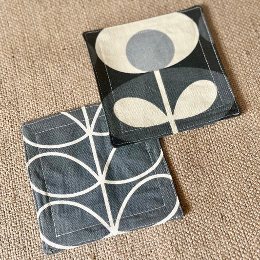 Orla Kiely Grey Oval and Grey Stem Print Fabric Coasters Double Sided Set of 2. Mid Century Modern Retro Print