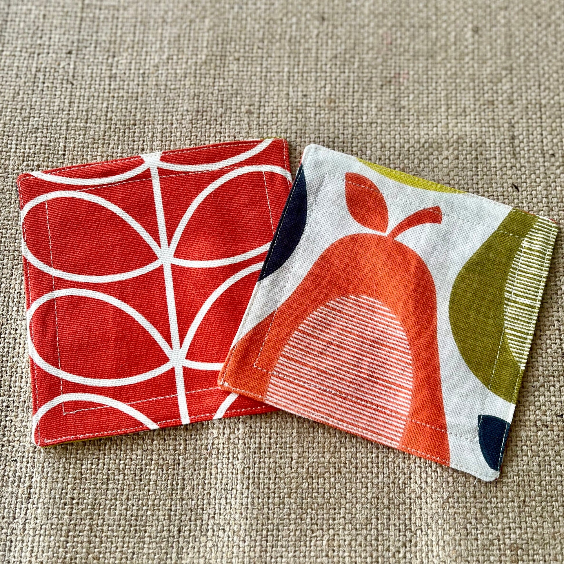 Orla Kiely Grey Oval and Grey Stem Print Fabric Coasters Double Sided Set of 2. Mid Century Modern Retro Print