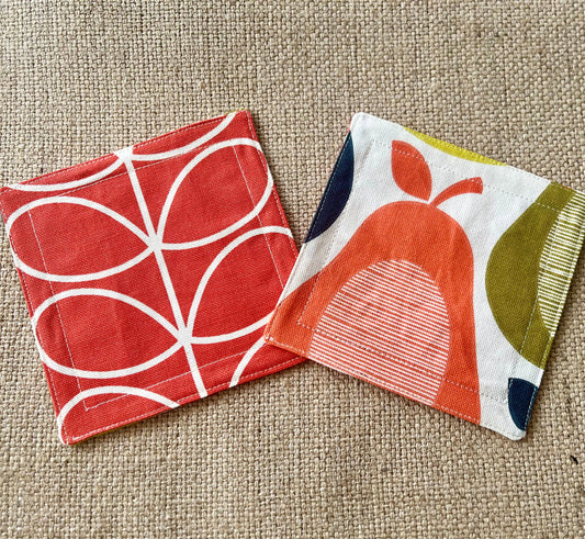 Orla Kiely Red Stem and Scribble Pear Print Fabric Coasters Double Sided Set of 2. Mid Century Modern Retro Print