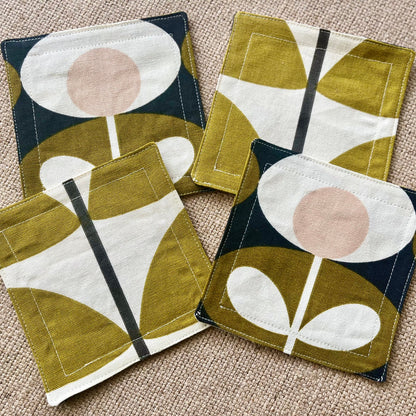 Olive Green Orla Kiely Print Retro Drinks Coasters x 2 - Olive Oval & Olive Stem, Set of Double-Sided Drinks Mats Mid Century
