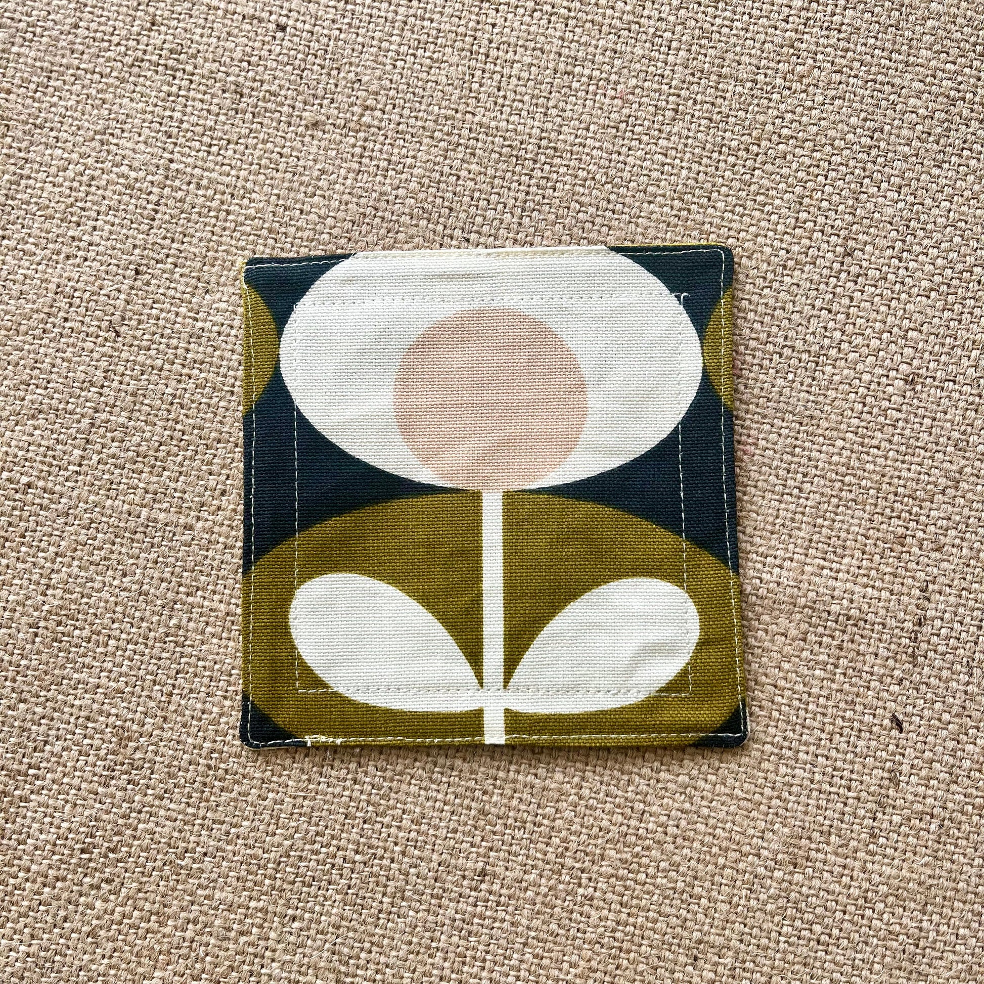 Olive Green Orla Kiely Print Retro Drinks Coasters x 2 - Olive Oval & Olive Stem, Set of Double-Sided Drinks Mats Mid Century