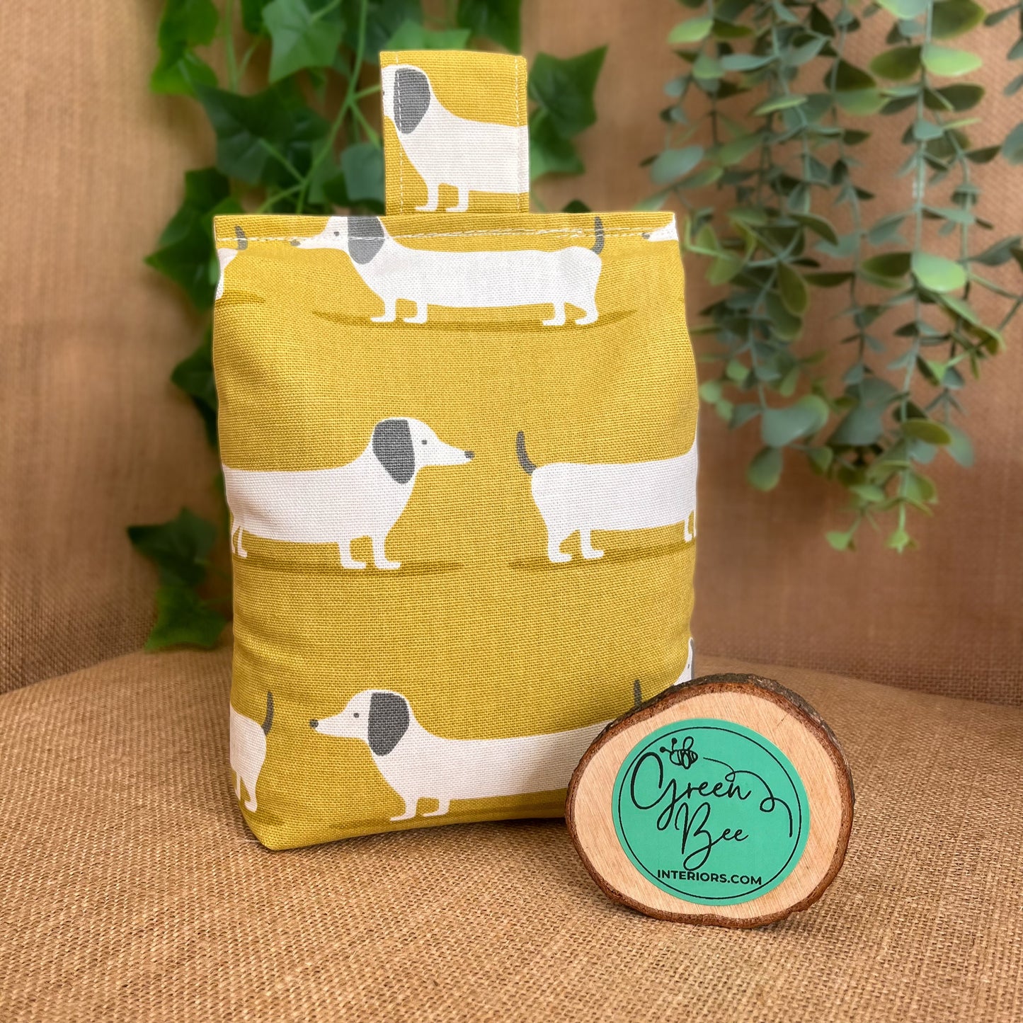 Large Dachshund Yellow Hound Dog Print Door Stop: Farmhouse Charm Fabric Home Decor (Filled or Fill at Home)