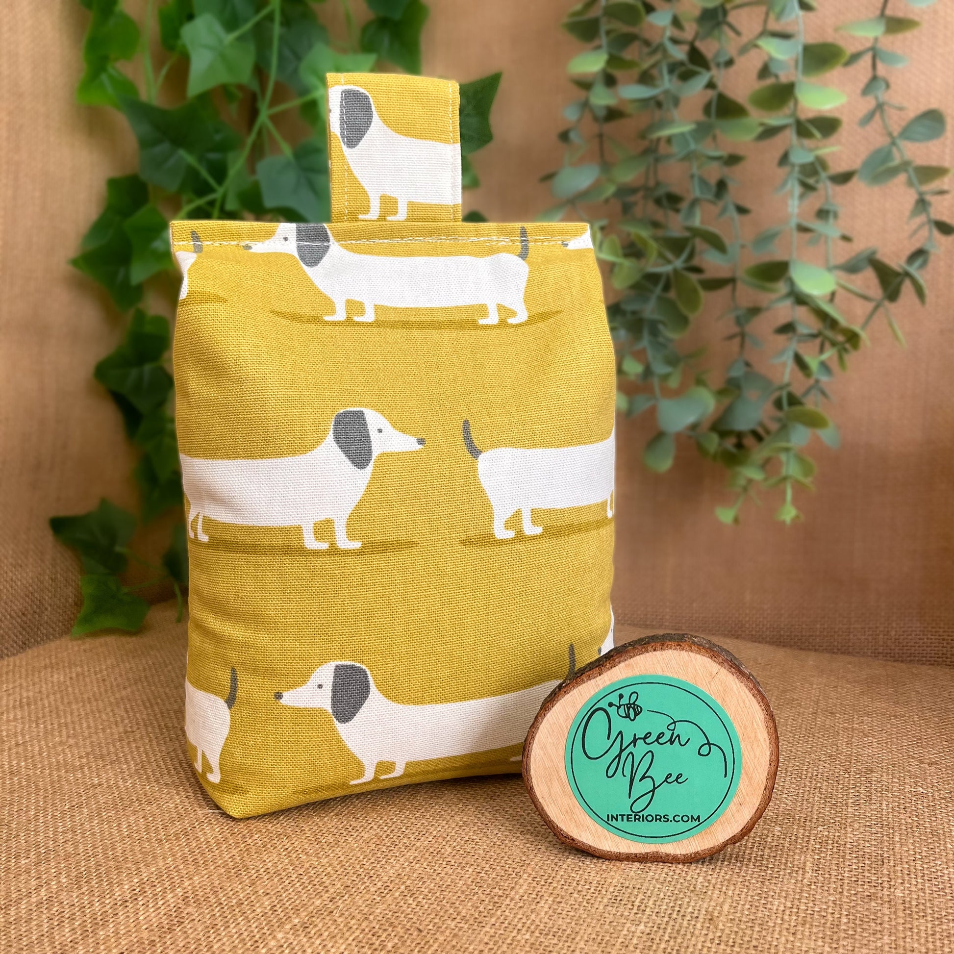 Large Dachshund Yellow Hound Dog Print Door Stop: Farmhouse Charm Fabric Home Decor (Filled or Fill at Home)