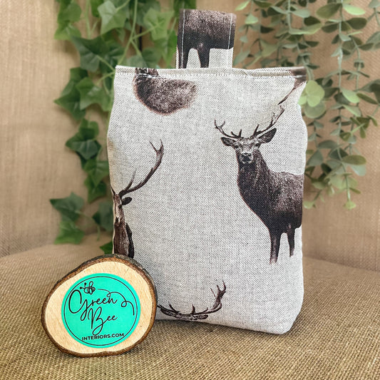 Handcrafted Large Stag Print farmhouse style wheat-filled door stop, crafted from high quality printed cotton. Measures 22cm tall x 15cm x 7cm at the base.