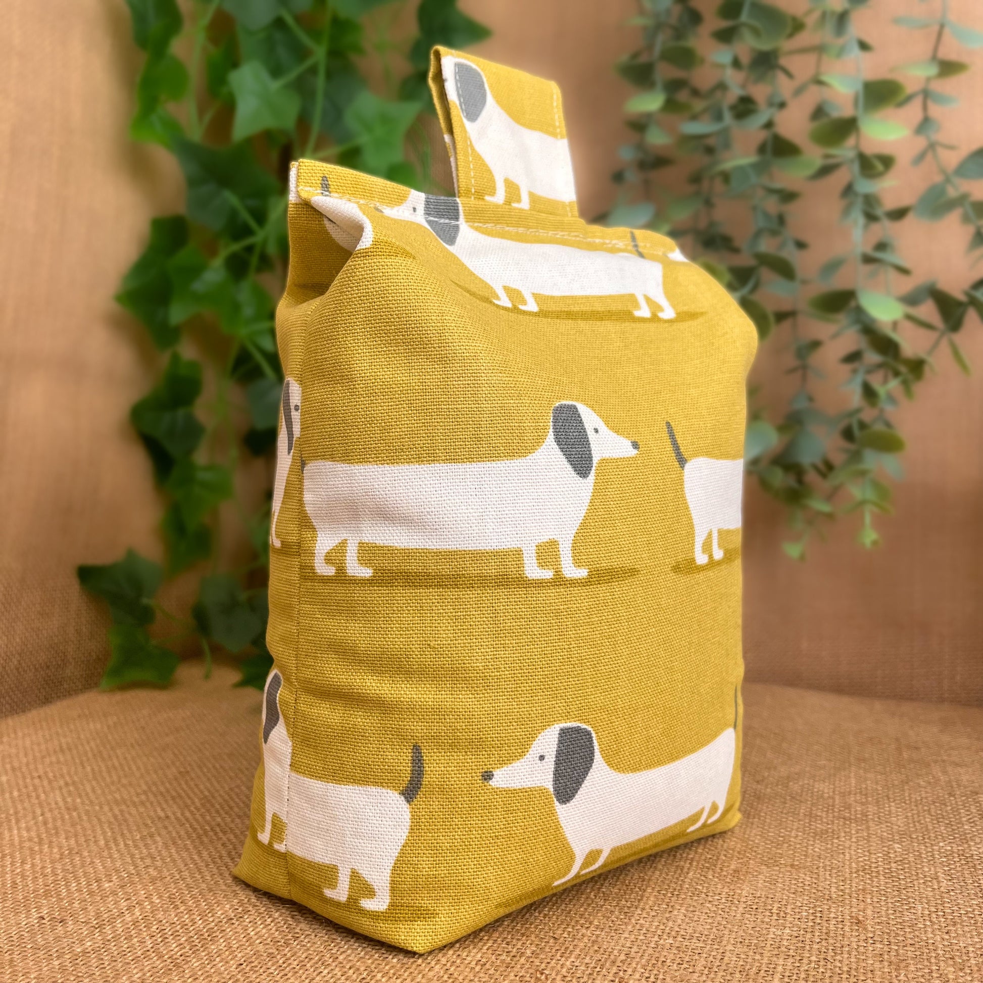 Large Dachshund Yellow Hound Dog Print Door Stop: Farmhouse Charm Fabric Home Decor (Filled or Fill at Home)