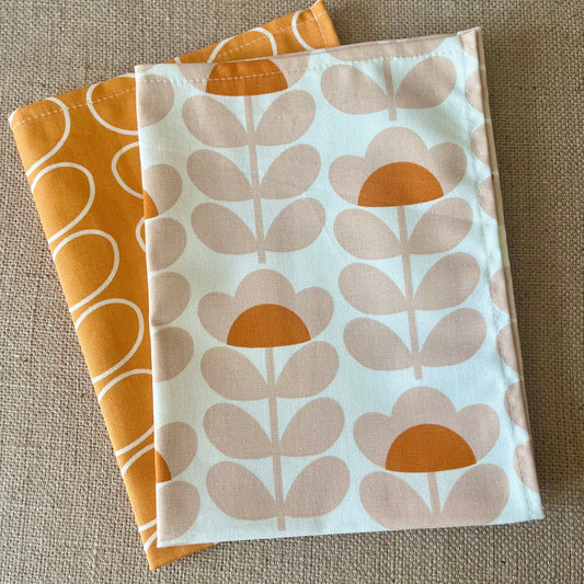 Retro Orange Tea Towels Pair, Modern Kitchen Decor, Handsewn Mid Century Orla Kiely Scandi Print