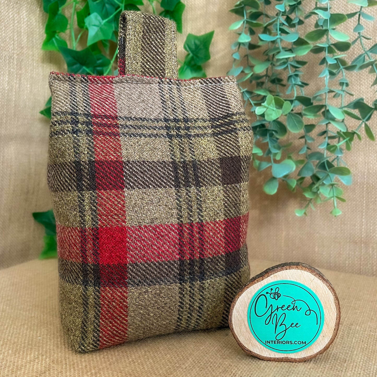 Large Hunter Green Tartan Door Stop: Rustic Elegance for Home Decor (Filled or Fill at Home)