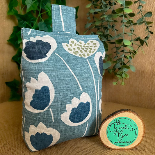 Large Blue Scandi Floral Print Door Stop: Modern Retro Accents Fabric Home Decor (Filled or Fill at Home)