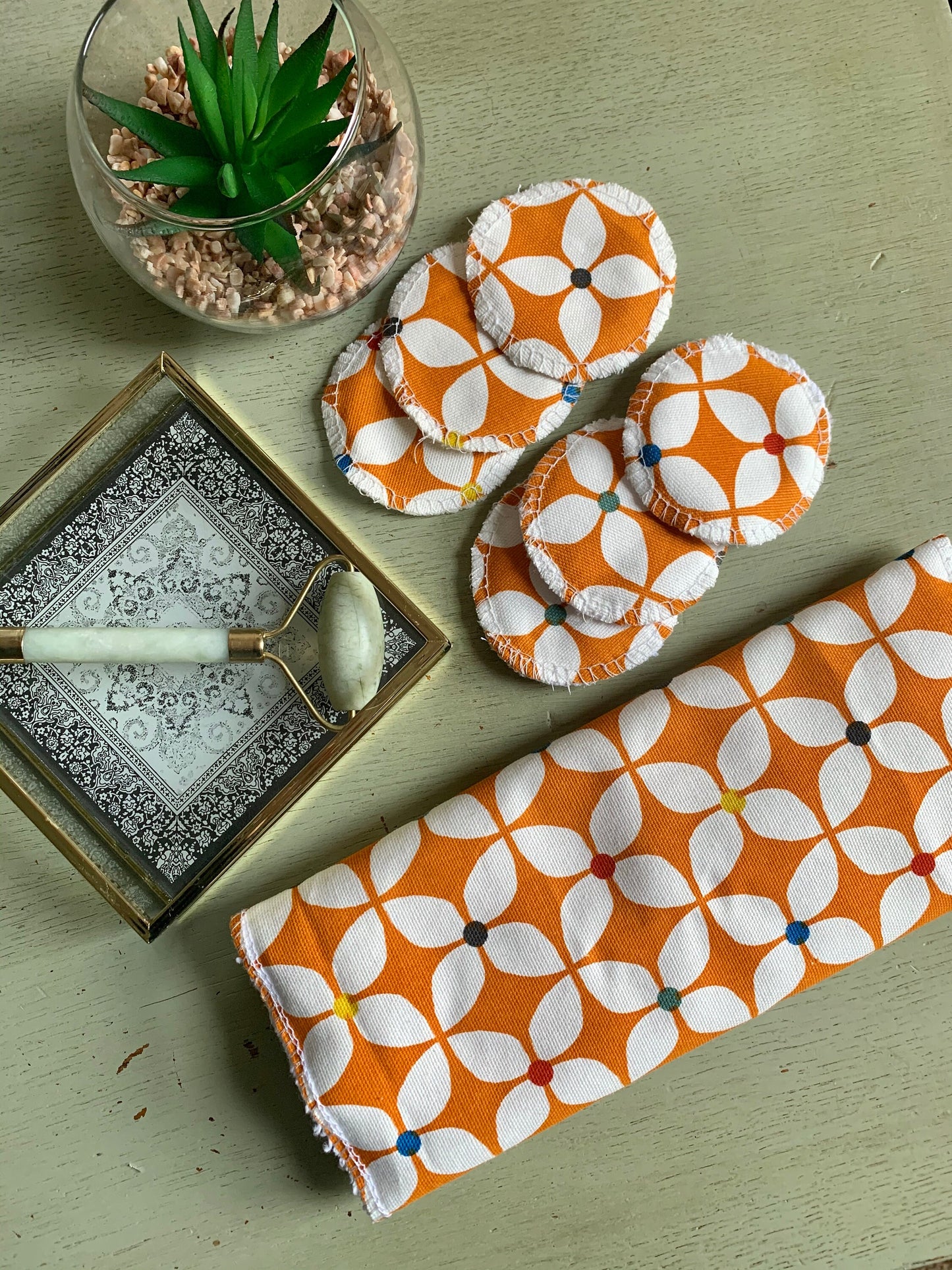 Orange Retro Eco-Friendly Reusable Makeup Pads & Face Cloths | Double-Sided with Terry Towelling Fabrics | Sustainable Skincare Essentials