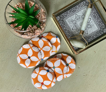 Orange Retro Eco-Friendly Reusable Makeup Pads & Face Cloths | Double-Sided with Terry Towelling Fabrics | Sustainable Skincare Essentials