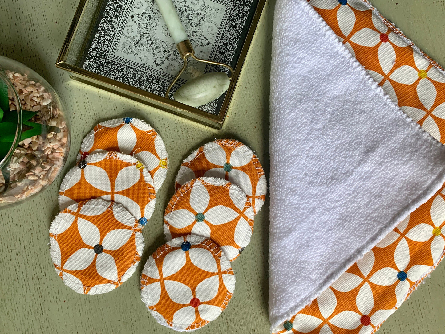 Orange Retro Eco-Friendly Reusable Makeup Pads & Face Cloths | Double-Sided with Terry Towelling Fabrics | Sustainable Skincare Essentials