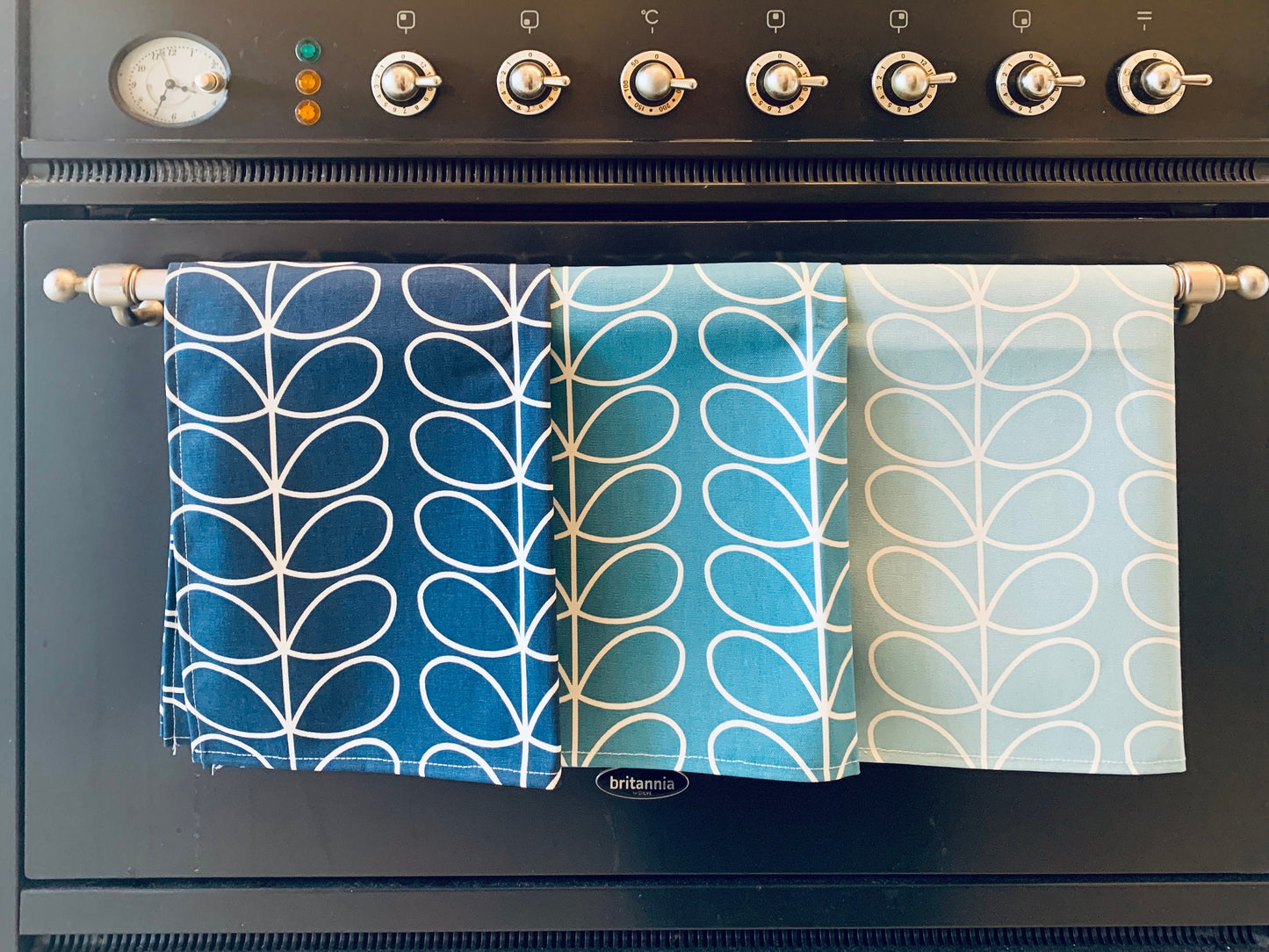Retro Teal Blue Stem Tea Towels, Orla Kiely Fabric, Set of 3, Singles, Handsewn
