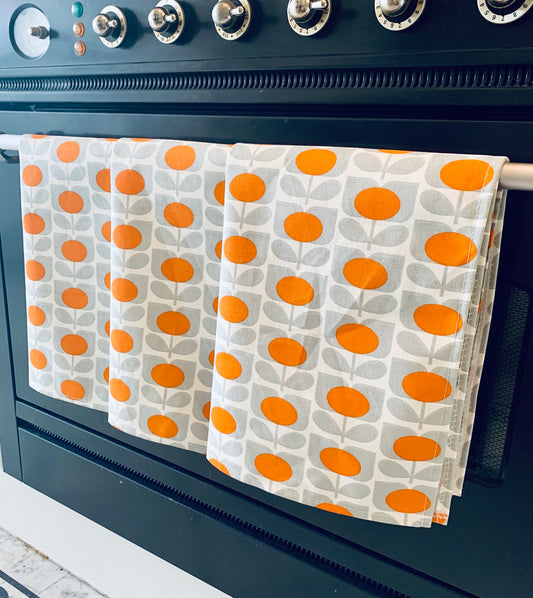 Orla Kiely Grey & Orange Flower Tea Towels: Retro Kitchen Decor