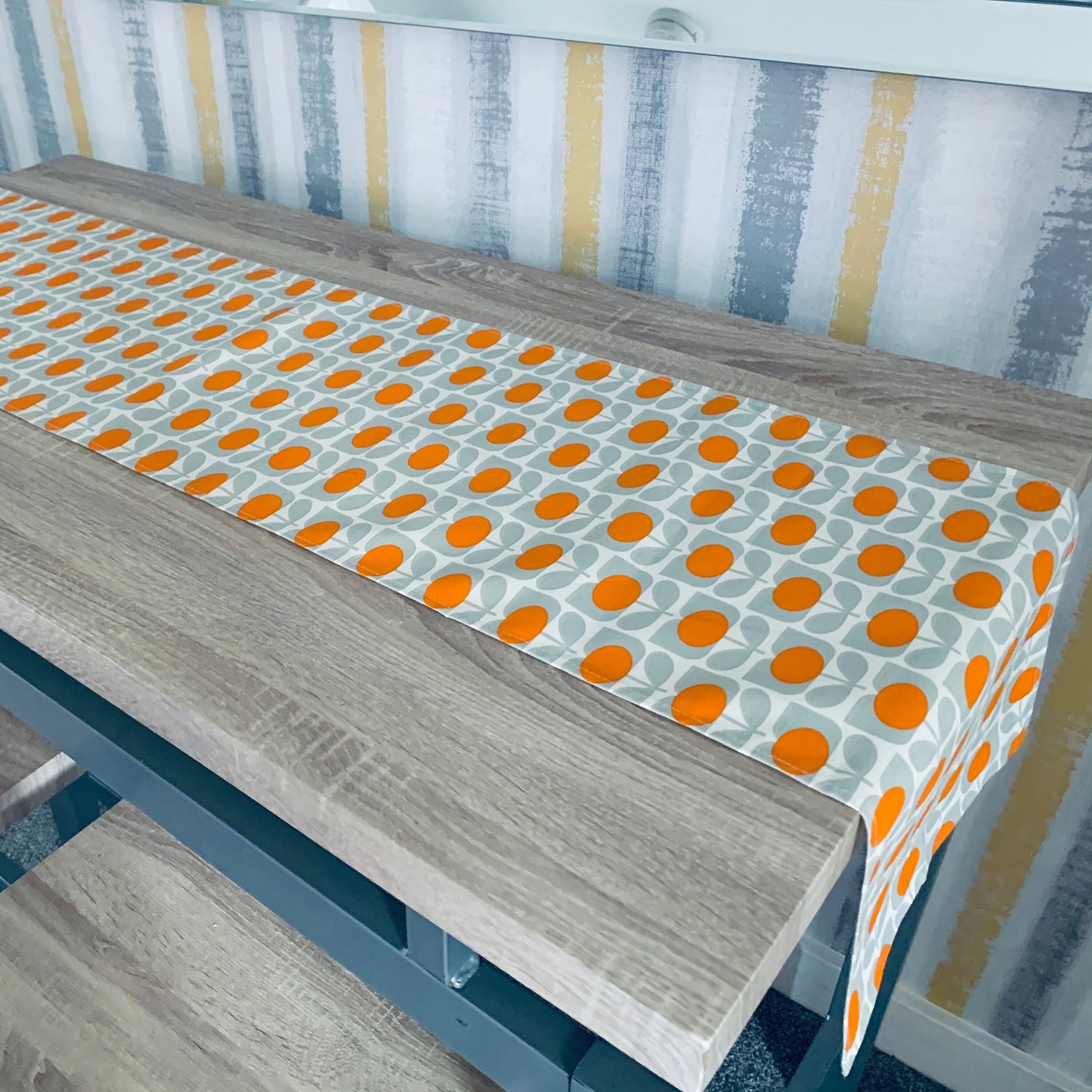 Grey & Orange Flower Orla Kiely Table Runner: Retro Decor, Sizes 120cm-320cm