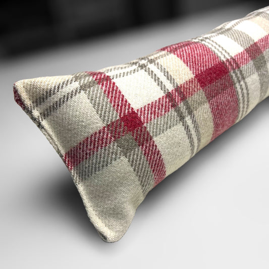 Red Cream Wool Tartan Heavy Draught Excluder, Farmhouse Decor