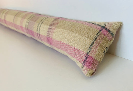 Pink Heather Wool Tartan Heavy Draught Excluder, Farmhouse Decor