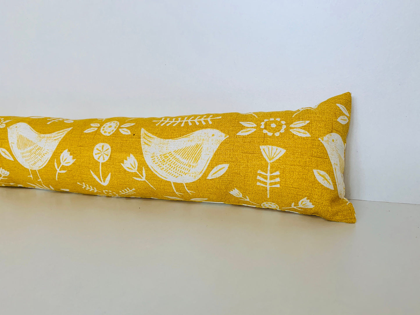 Yellow Scandi Birds Draught Excluder – Weighted, Nordic Retro Decor