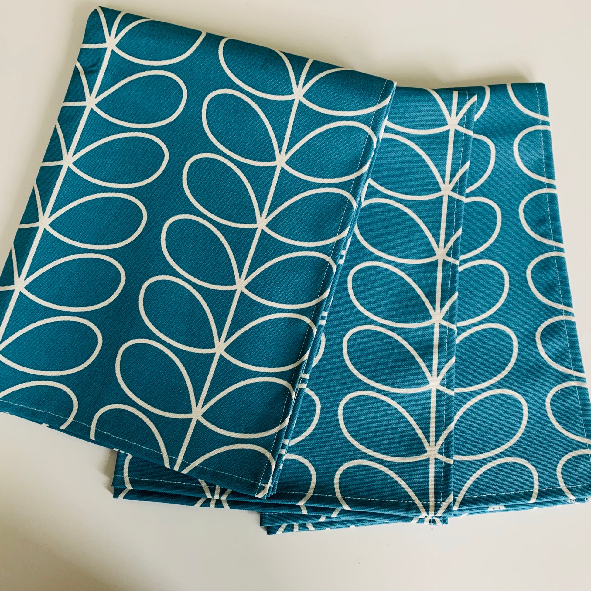 Retro Teal Blue Stem Tea Towels, Orla Kiely Fabric, Set of 3, Singles, Handsewn