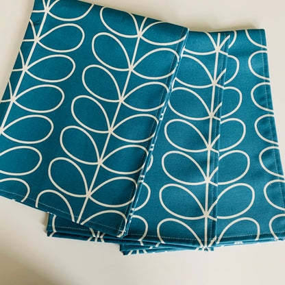 Retro Teal Blue Stem Tea Towels, Orla Kiely Fabric, Set of 3, Singles, Handsewn