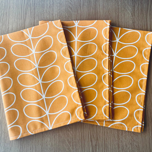 Retro Orange Stem Tea Towels, Papaya Orla Kiely Fabric, Set of 3, Singles, Handsewn