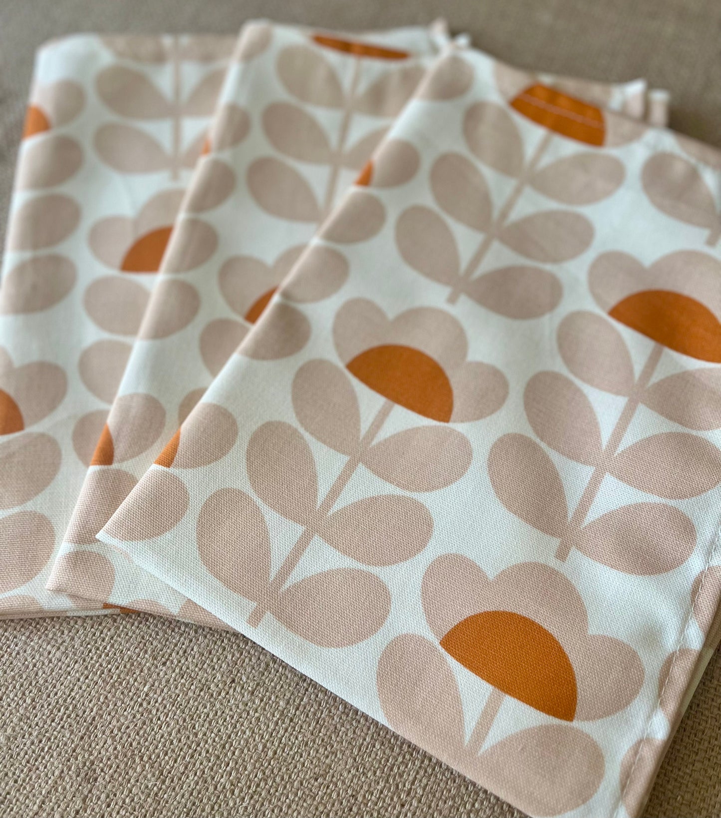 Retro Sweet Pea Orange Tea Towels, Orla Kiely Fabric, Set of 3, Singles, Handsewn