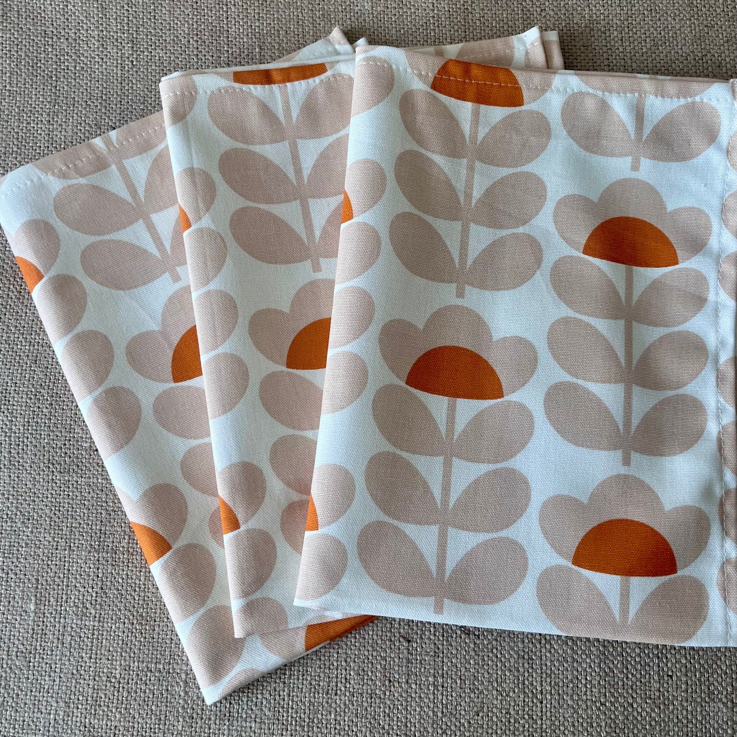 Retro Sweet Pea Orange Tea Towels, Orla Kiely Fabric, Set of 3, Singles, Handsewn