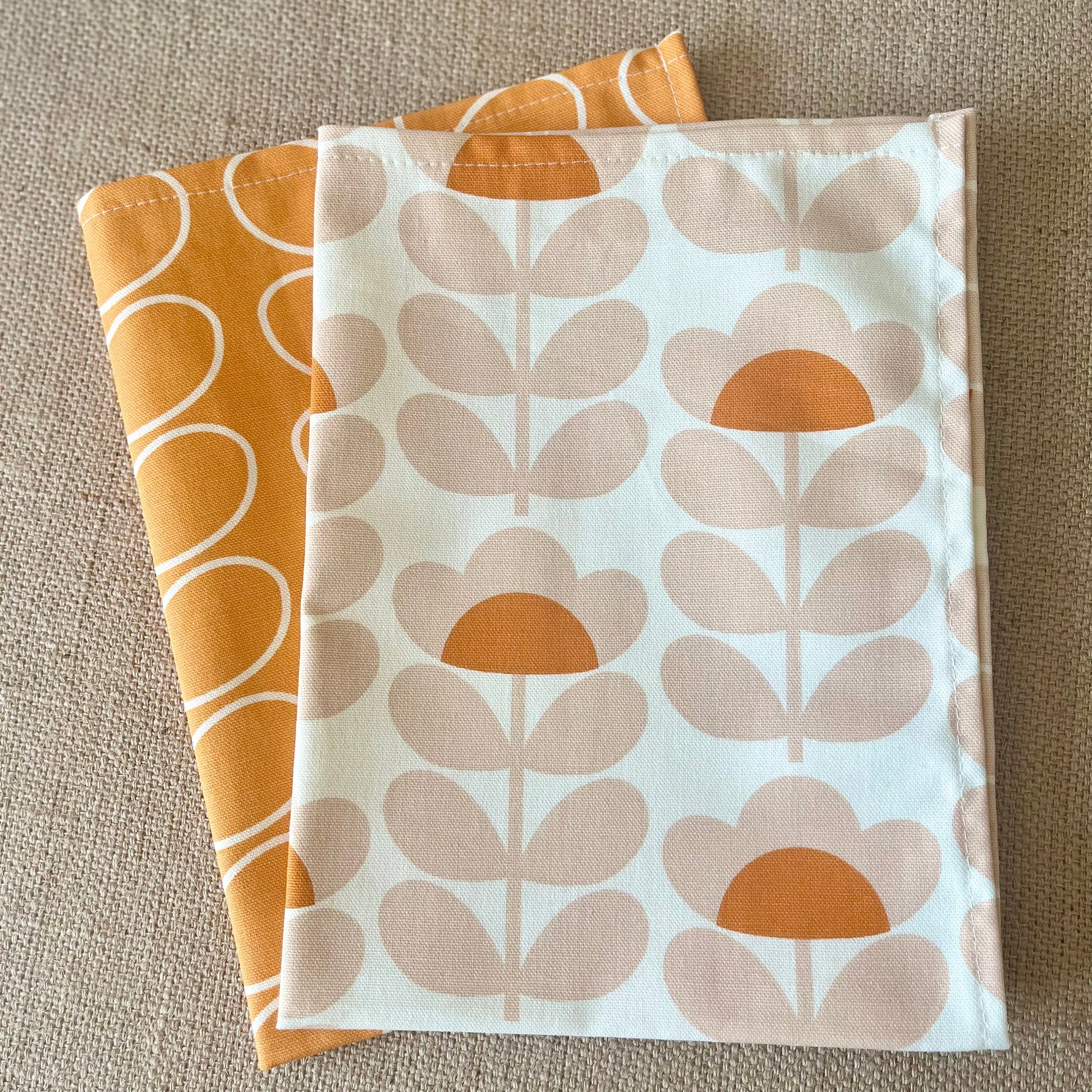 Retro Sweet Pea Orange Tea Towels, Orla Kiely Fabric, Set of 3, Singles, Handsewn