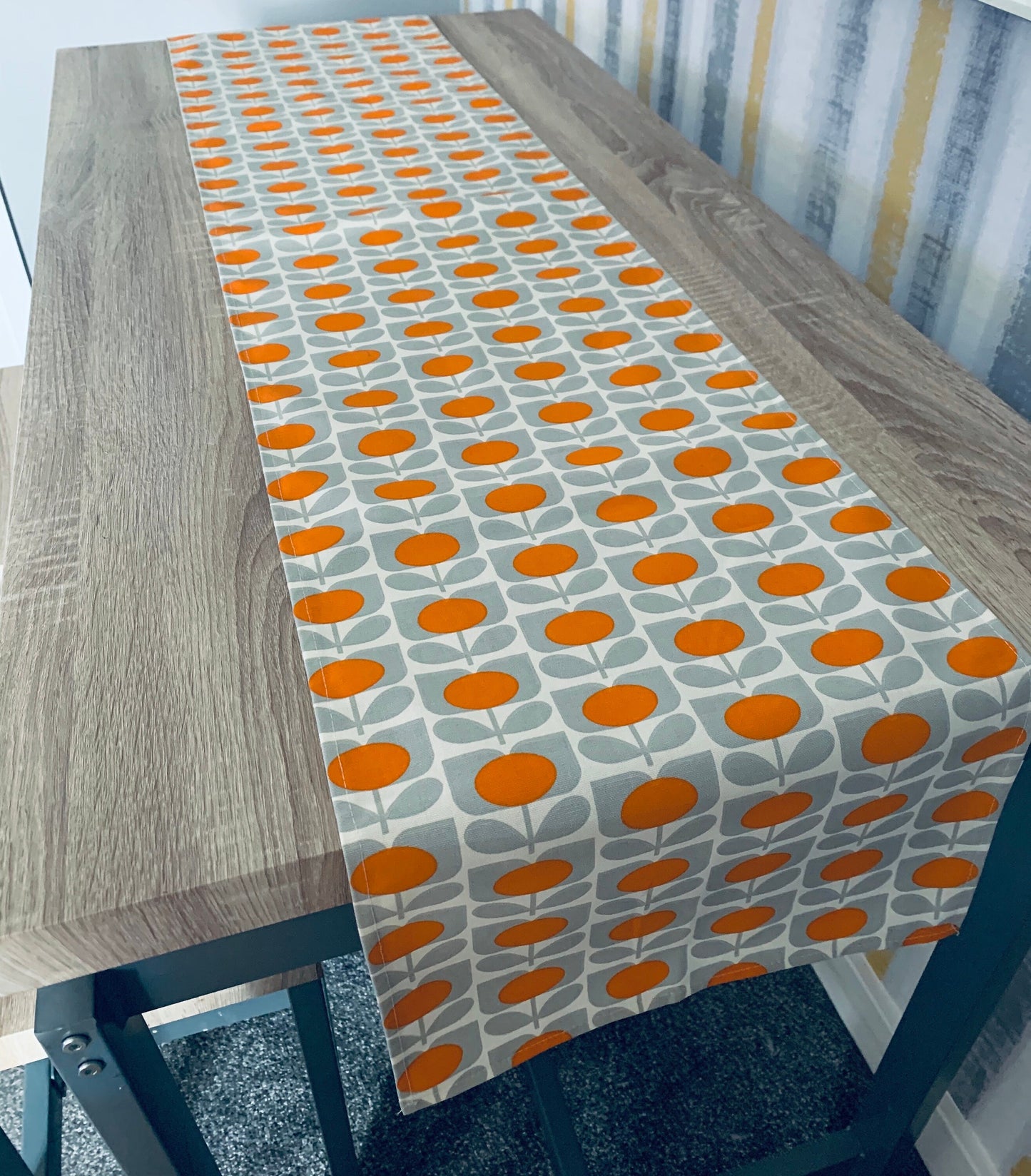 Grey & Orange Flower Orla Kiely Table Runner: Retro Decor, Sizes 120cm-320cm