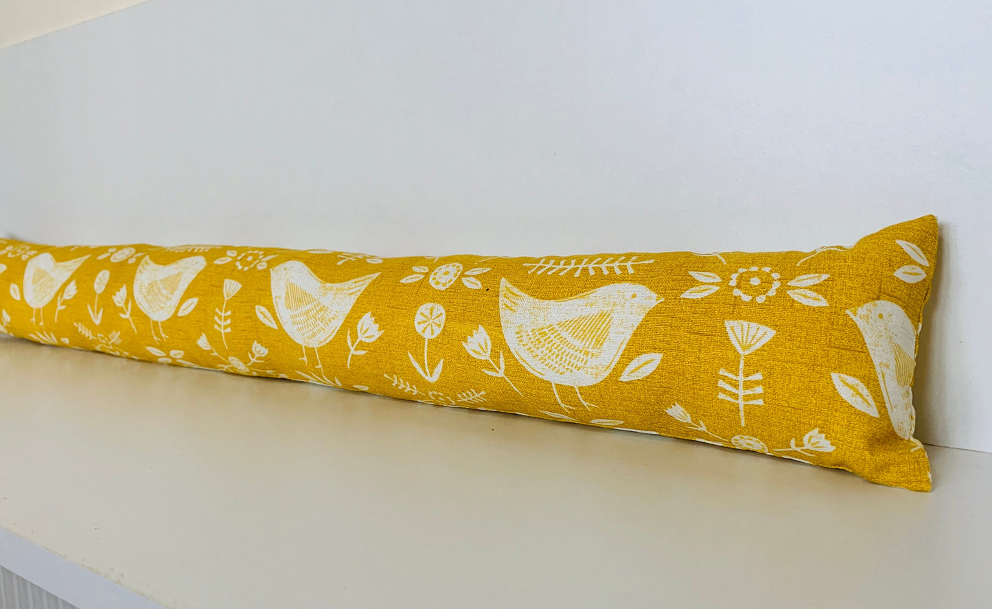 Yellow Scandi Birds Draught Excluder – Weighted, Nordic Retro Decor