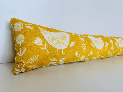 Yellow Scandi Birds Draught Excluder – Weighted, Nordic Retro Decor