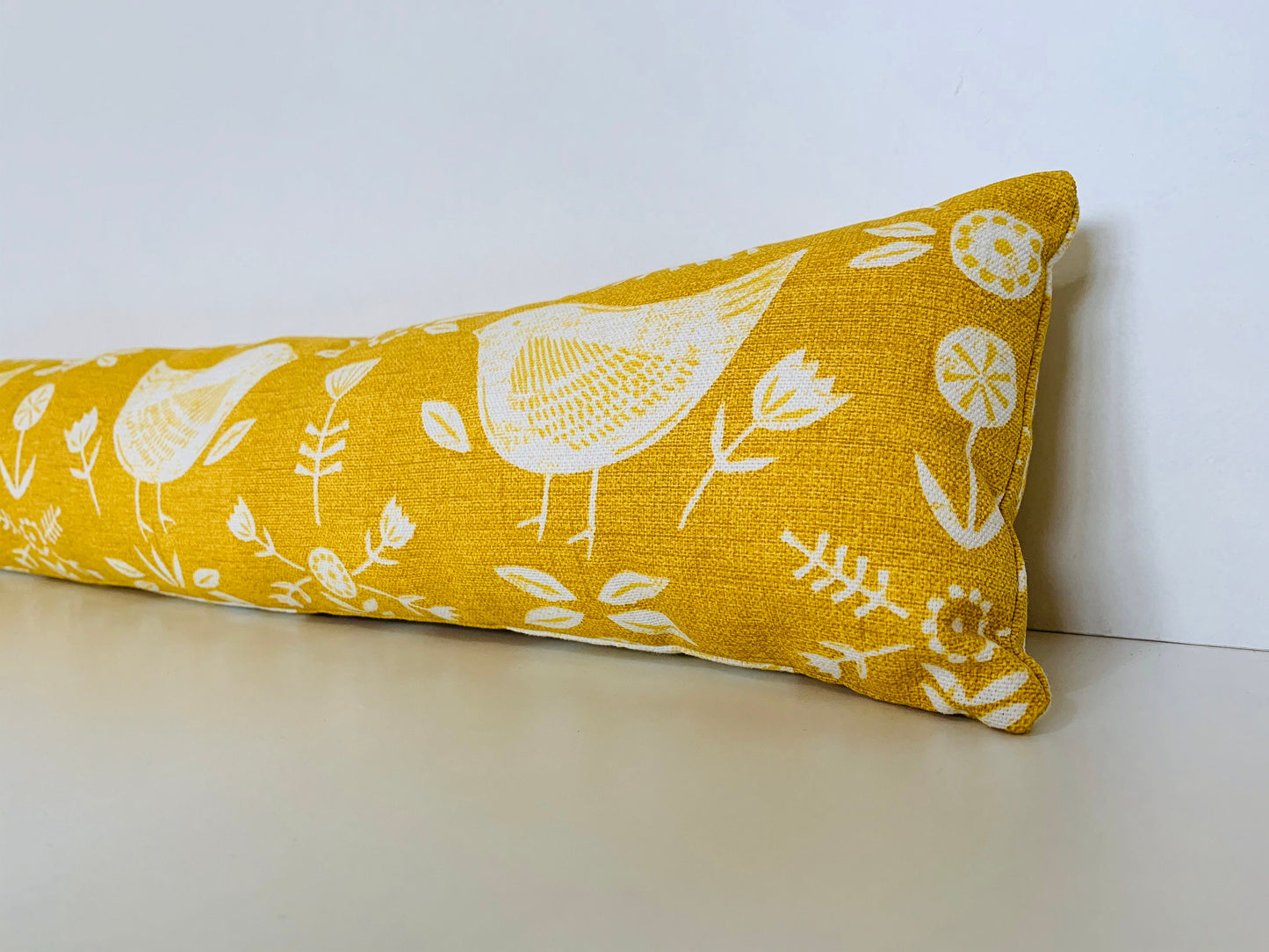 Yellow Scandi Birds Draught Excluder – Weighted, Nordic Retro Decor