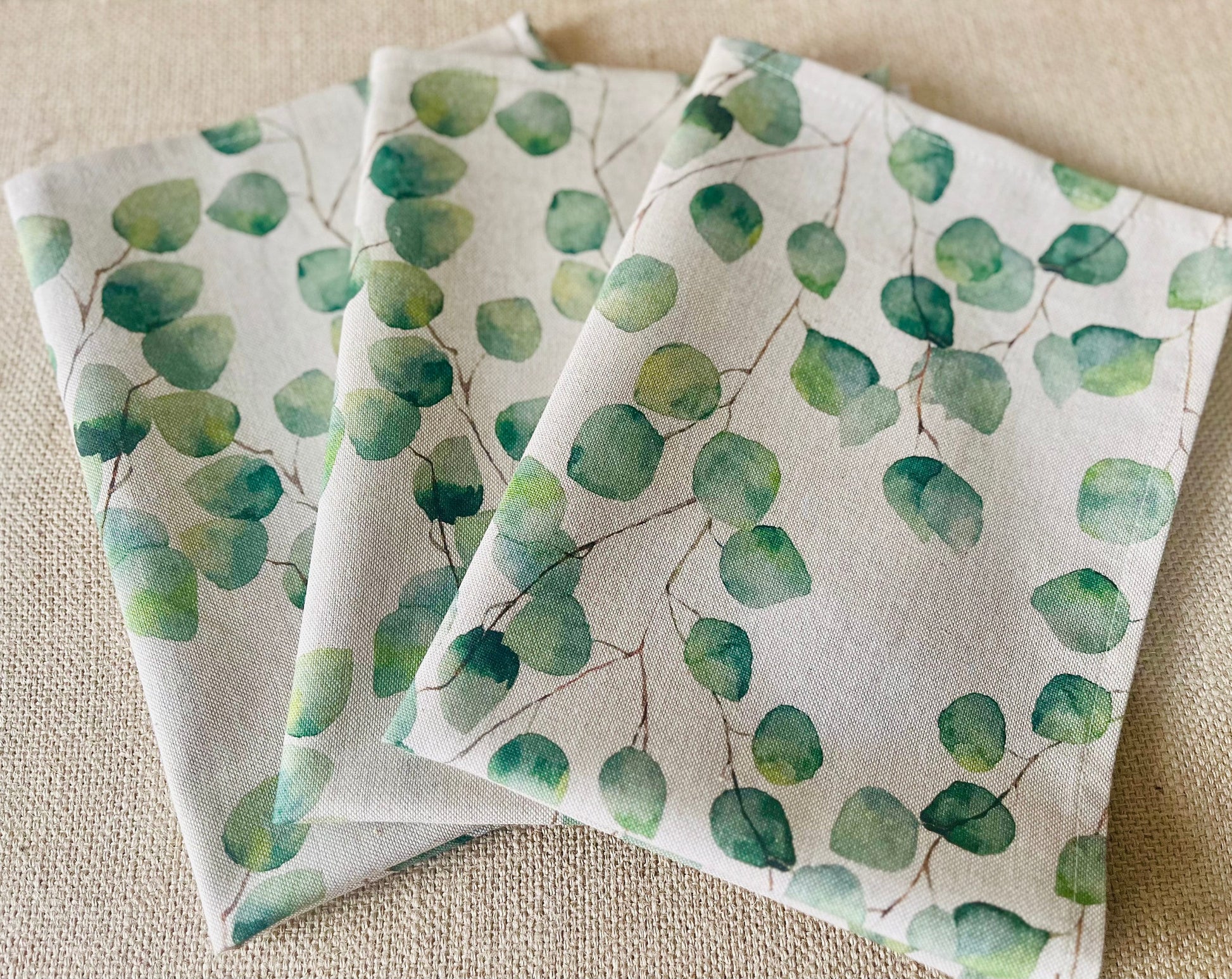 Eucalyptus Print Tea towels, Linen Blend Kitchen Towels, Water Colour Design, Set of 3, Singles, Kitchen Accessories, Home Decor