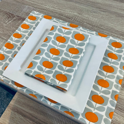 Orla Kiely Orange & Grey Flowers Table Linen, Placemat Napkins: Retro Home Decor