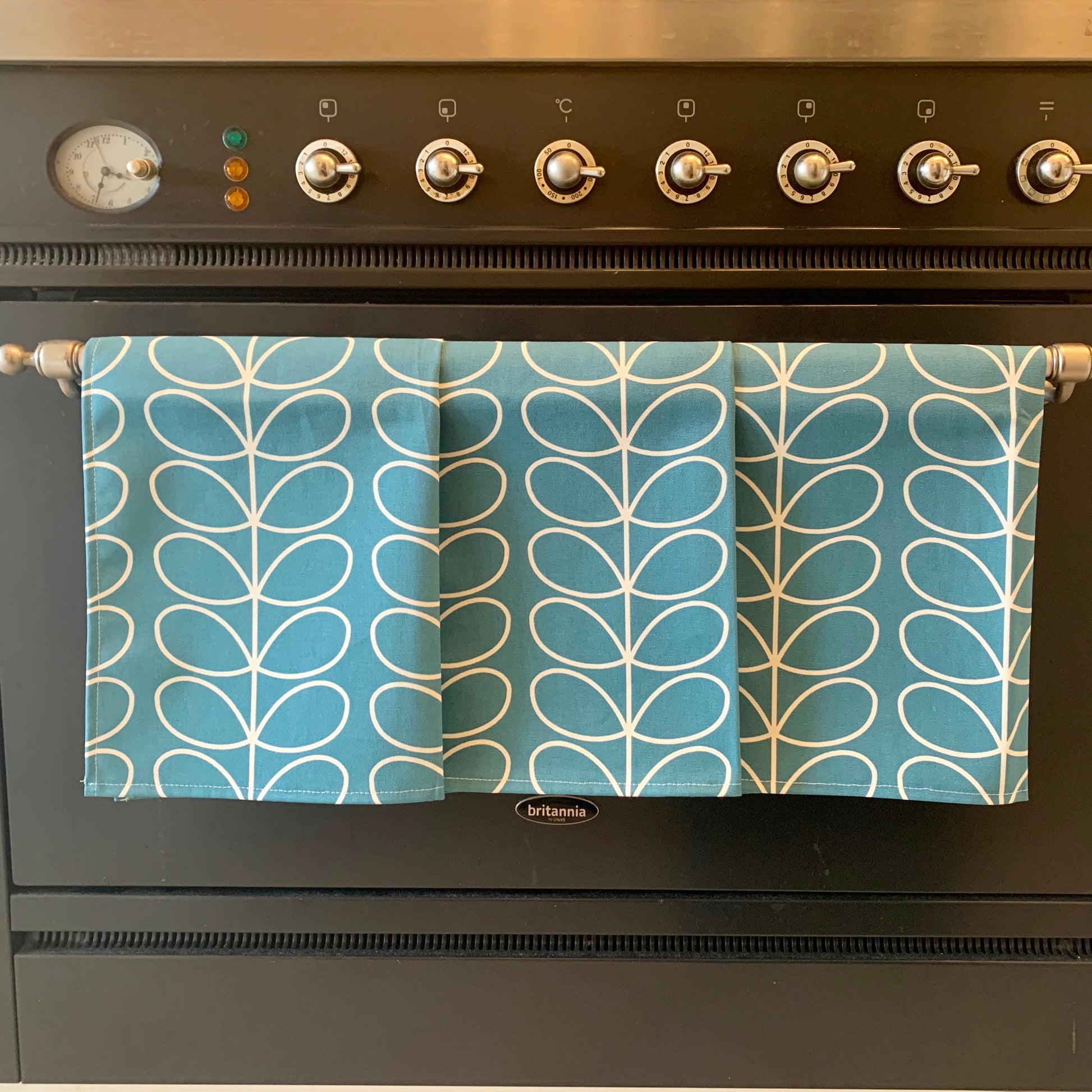 Retro Teal Blue Stem Tea Towels, Orla Kiely Fabric, Set of 3, Singles, Handsewn